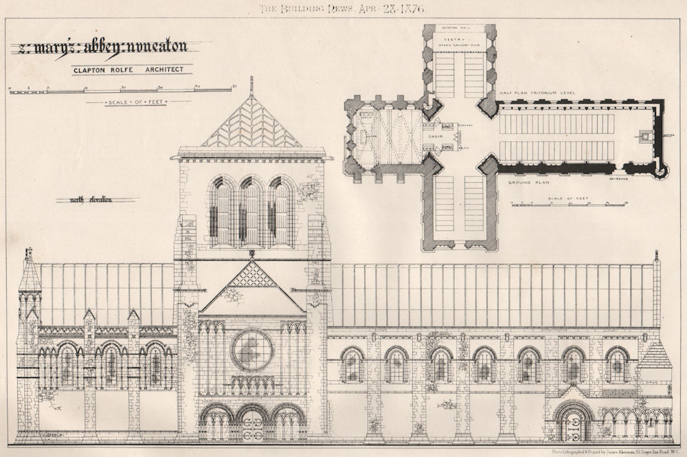 St. Mary's Abbey, Nuneaton; Clapton Rolfe, Architect. Warwickshire 1876 print